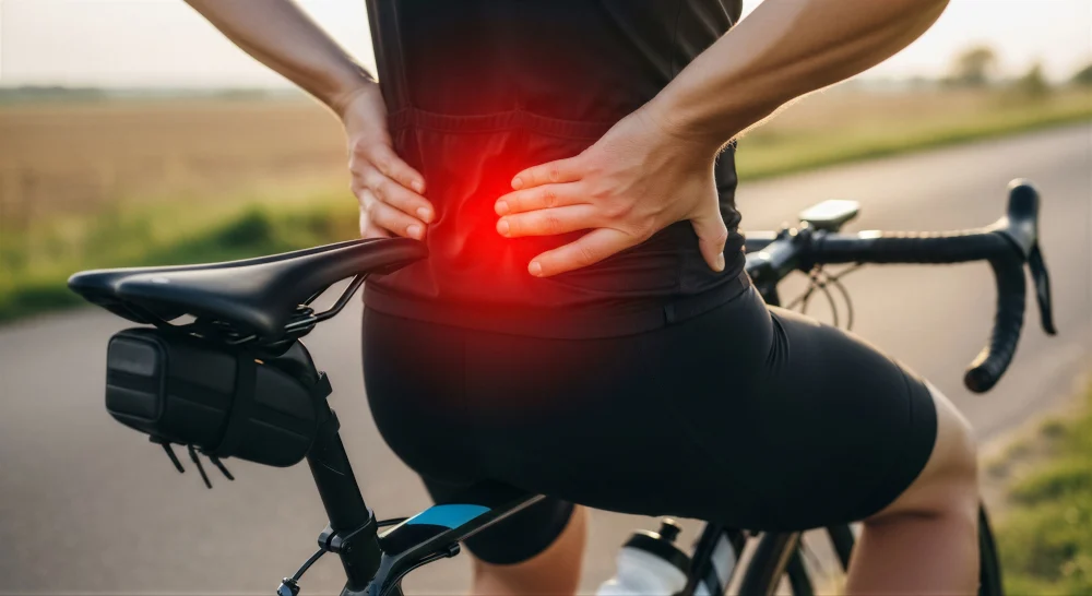 Back Pain Cycling A cyclist holding their lower back with a glowing red pain graphic, illustrating sports injuries treated by Dr. Kleinfeld in Jupiter.