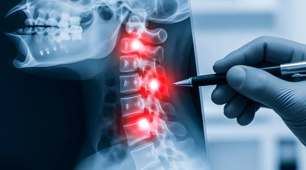 Cervical Degenerative Disc Disease A close-up view of a cervical spine X-ray showing signs of cervical degenerative disc disease, a common cause of chronic neck pain evaluated by our Jupiter chiropractor, Dr. Kleinfeld