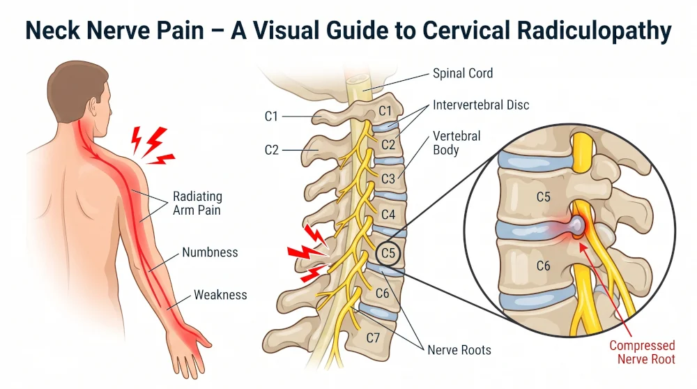 Cervical Radiculopathy – neck nerve pain An anatomical chart showing a compressed cervical nerve root causing arm numbness and weakness, which can be relieved via spinal decompression at our Jupiter office.