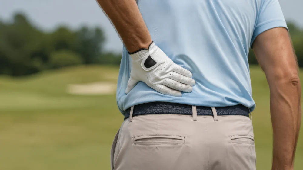 Golfer with Back Pain A golfer holding his lower back in pain, illustrating common golf injuries treated at our Jupiter chiropractic clinic by Dr. Kleinfeld.