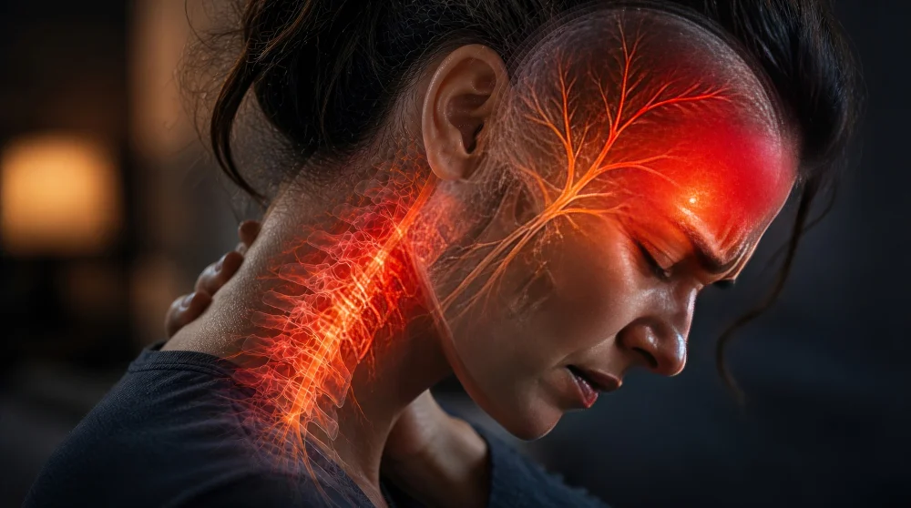 Headache Neck Pain An anatomical illustration of neck joint misalignment causing tension headaches and severe cranial pressure, a condition managed at our Jupiter chiropractic office