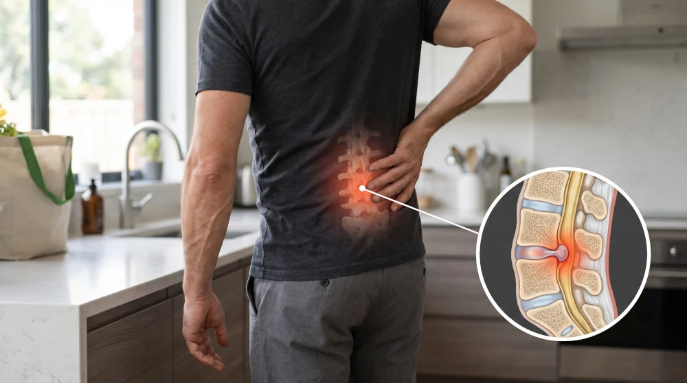 A clinical diagram detailing a ruptured spinal disc pressing against the spinal cord, demonstrating injuries managed by Jupiter chiropractor Dr. Kleinfeld.