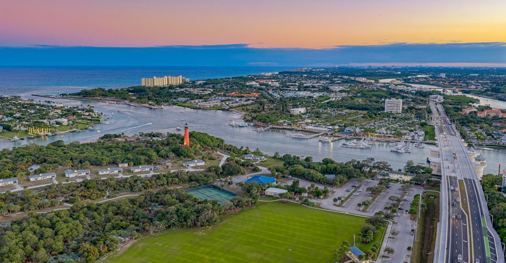 Jupiter Aerial A drone landscape shot showcasing the Jupiter Inlet and coastline, representing the core community served by Dr. Kleinfeld.