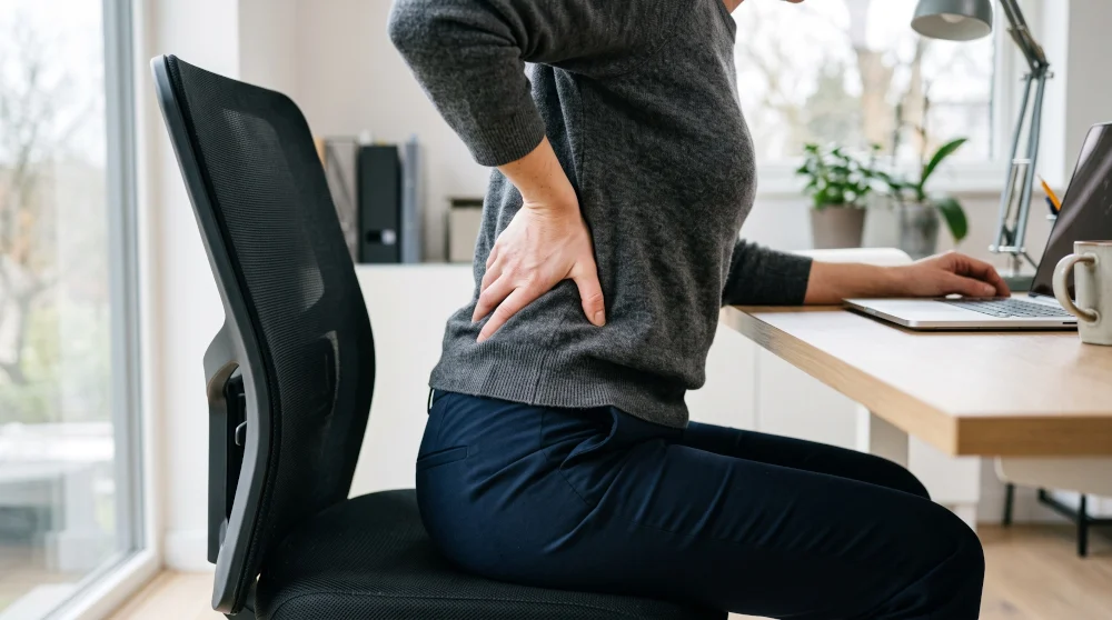 An office professional suffering from chronic lumbar discomfort due to prolonged sitting, representing lower back pain conditions relieved through spinal decompression at our Jupiter office.