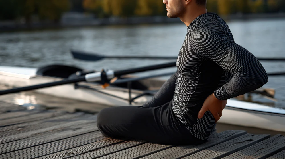 Lower back pain after canoeing An athlete experiencing lower back strain after canoeing or rowing, representing sports conditions managed at our Jupiter chiropractic practice.