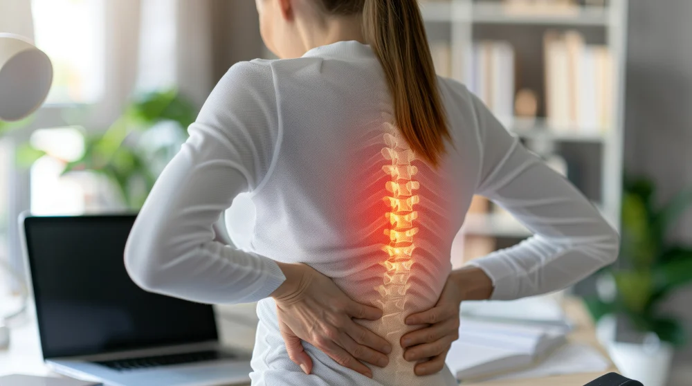 Lower – Mid Back Pain A woman at a desk gripping her lower back with a glowing graphic highlighting mid back pain, a common posture-related issue treated by Dr. Kleinfeld in Jupiter.