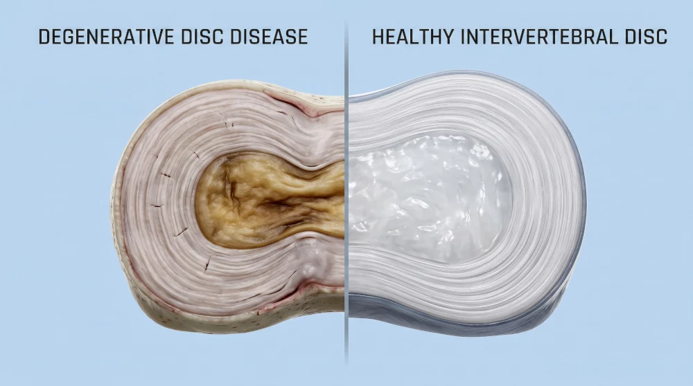 Lumbar Degenerative Disc Disease A medical graphic comparing lumbar degenerative disc disease to a healthy intervertebral disc, representing chronic lower back conditions managed at our Jupiter chiropractic clinic.