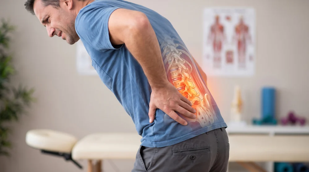 Lumbar Radiculopathy Pain A man in a clinic clutching his lower back with an illuminated graphic showing lumbar radiculopathy pain, a spinal condition treated by Dr. Kleinfeld in Jupiter