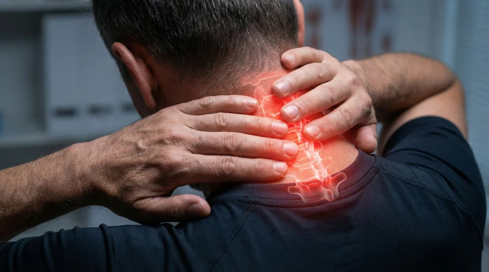 Neck Pain A close-up of a man gripping his neck with a red glowing spine graphic illustrating severe neck pain, a condition treated by Dr. Kleinfeld in Jupiter.