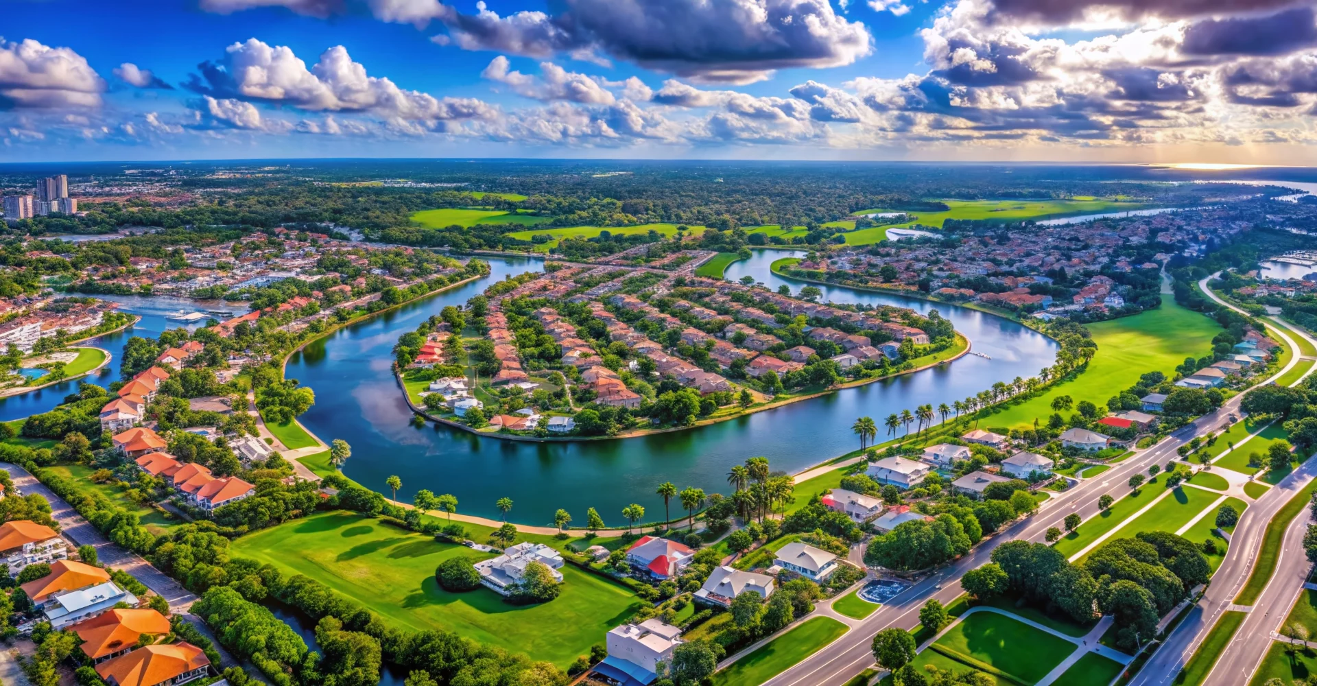 Palm Beach Gardens Aerial View An aerial panoramic view of a residential waterway community in Palm Beach Gardens, Florida, part of our local chiropractic service area.