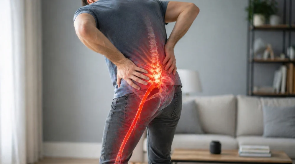 An anatomical graphic showing sciatic nerve pain radiating down the leg, a condition safely managed by Dr. Kleinfeld at our Jupiter chiropractic practice.