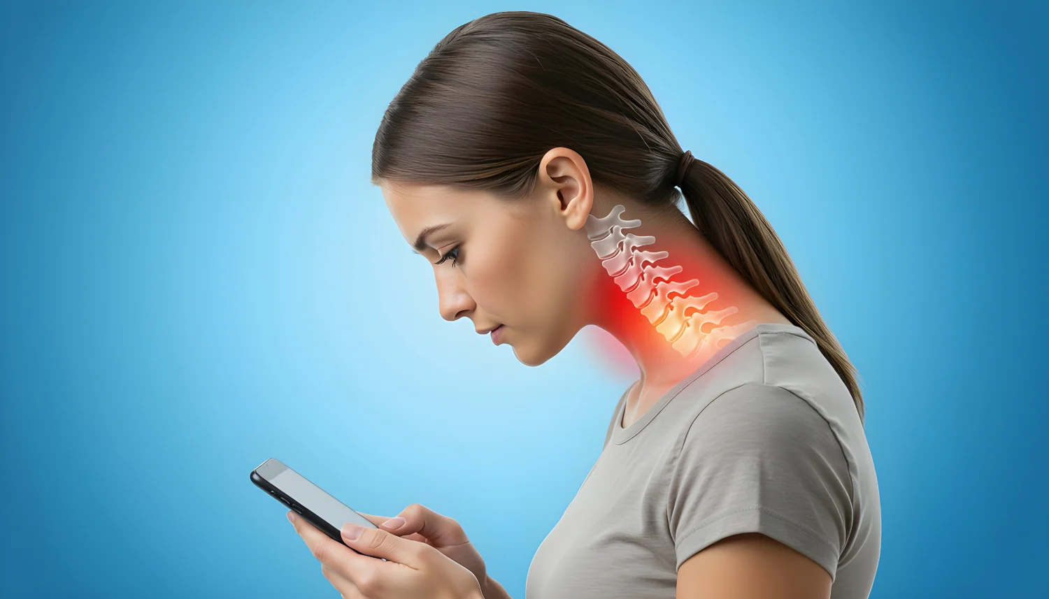 A woman looking down at a smartphone with an illuminated graphic showing cervical strain from tech neck, treated by Dr. Kleinfeld at our chiropractic clinic in Jupiter.