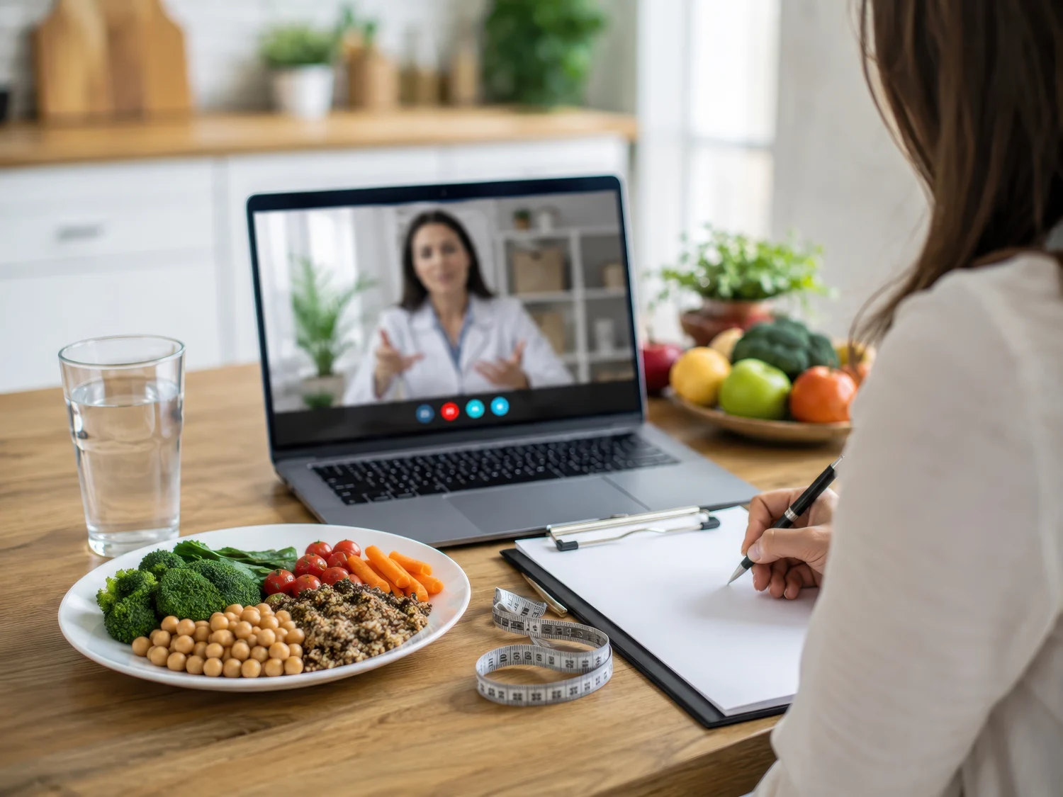 A patient at a desk taking notes during a virtual health consultation next to a nutritious meal, illustrating medical weight management services in Jupiter.