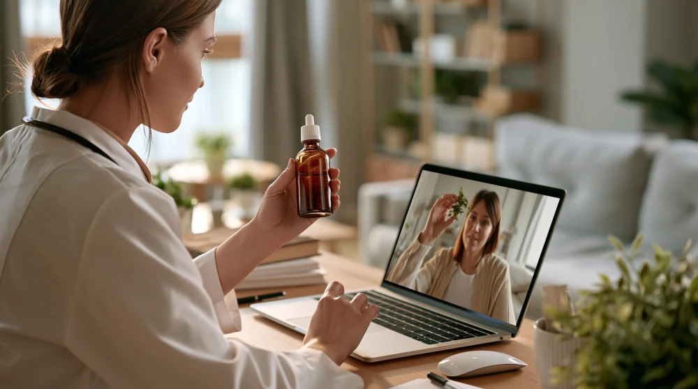 A healthcare provider guiding a patient through holistic remedies during an online appointment, representing telehealth wellness care offered via our Jupiter practice.