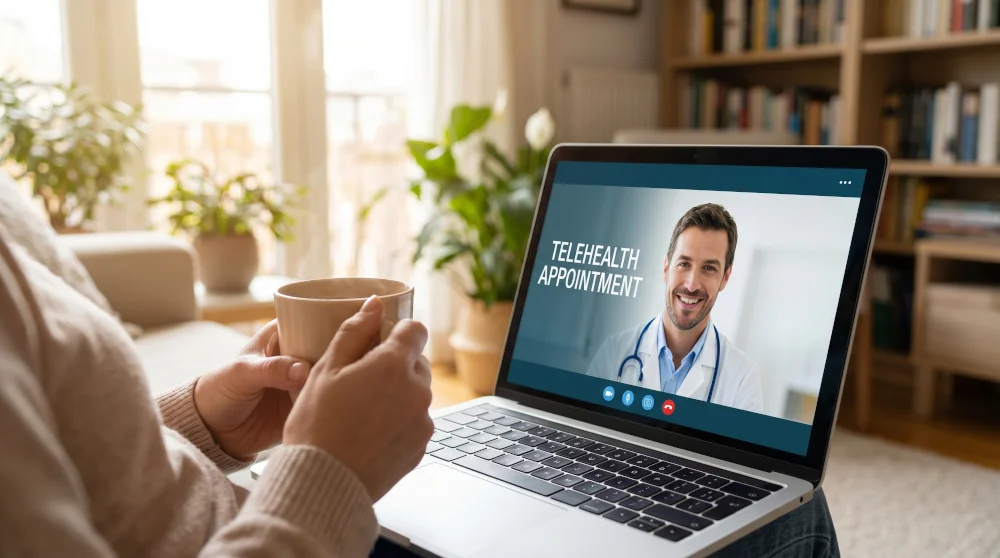 A patient attending a remote telehealth appointment on a laptop from the comfort of home, representing remote wellness services at our Jupiter office