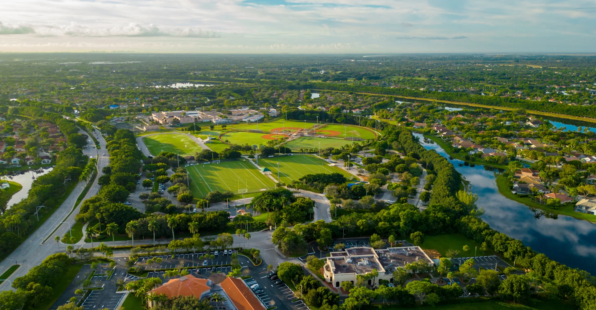 Aerial of Tequesta An aerial panoramic view of recreational fields and waterways in the Tequesta area, located near our regional chiropractic office.